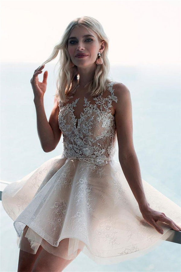 Ivory Sleeveless Lace Puffy Flowers Homecoming Dress-showprettydress