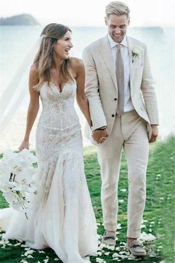 Ivory Summer Beach Linen Wedding Tuxedo for Men Slim fit Men Suits with Three-pieces-showprettydress