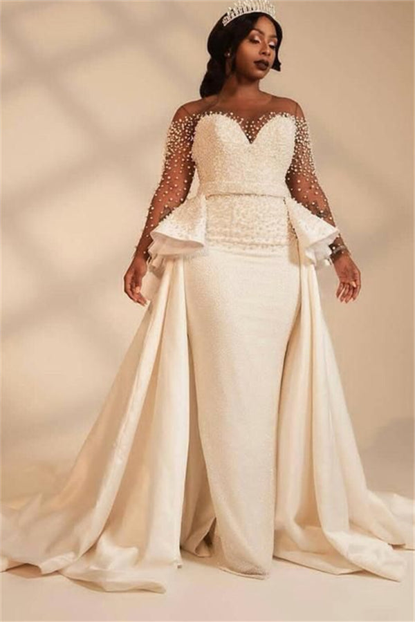 Ivory Sweetheart Mermaid Thick Satin WEdding Dress with overskirt-showprettydress