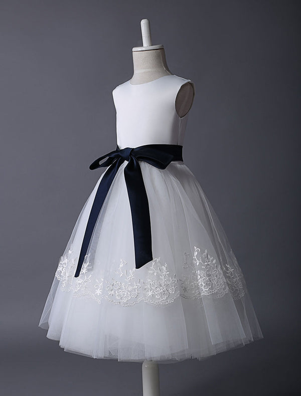 Ivory Tulle flower girl dress With Lace Applique And Navy Blue Sash-showprettydress