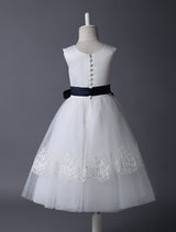 Ivory Tulle flower girl dress With Lace Applique And Navy Blue Sash-showprettydress