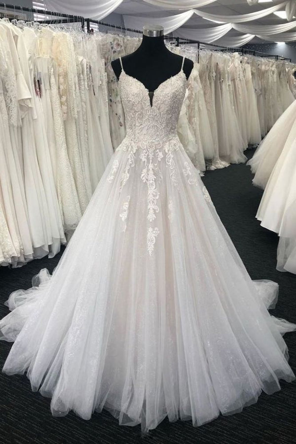 Ivory V neck Sleeveless A line Princess Lace Wedding Dress-showprettydress