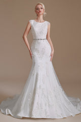 Jewel Lace Cap Sleeves Lace Mermaid Wedding Dress | Showprettydress Design-showprettydress