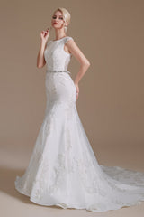 Jewel Lace Cap Sleeves Lace Mermaid Wedding Dress | Showprettydress Design-showprettydress