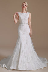 Jewel Lace Cap Sleeves Lace Mermaid Wedding Dress | Showprettydress Design-showprettydress