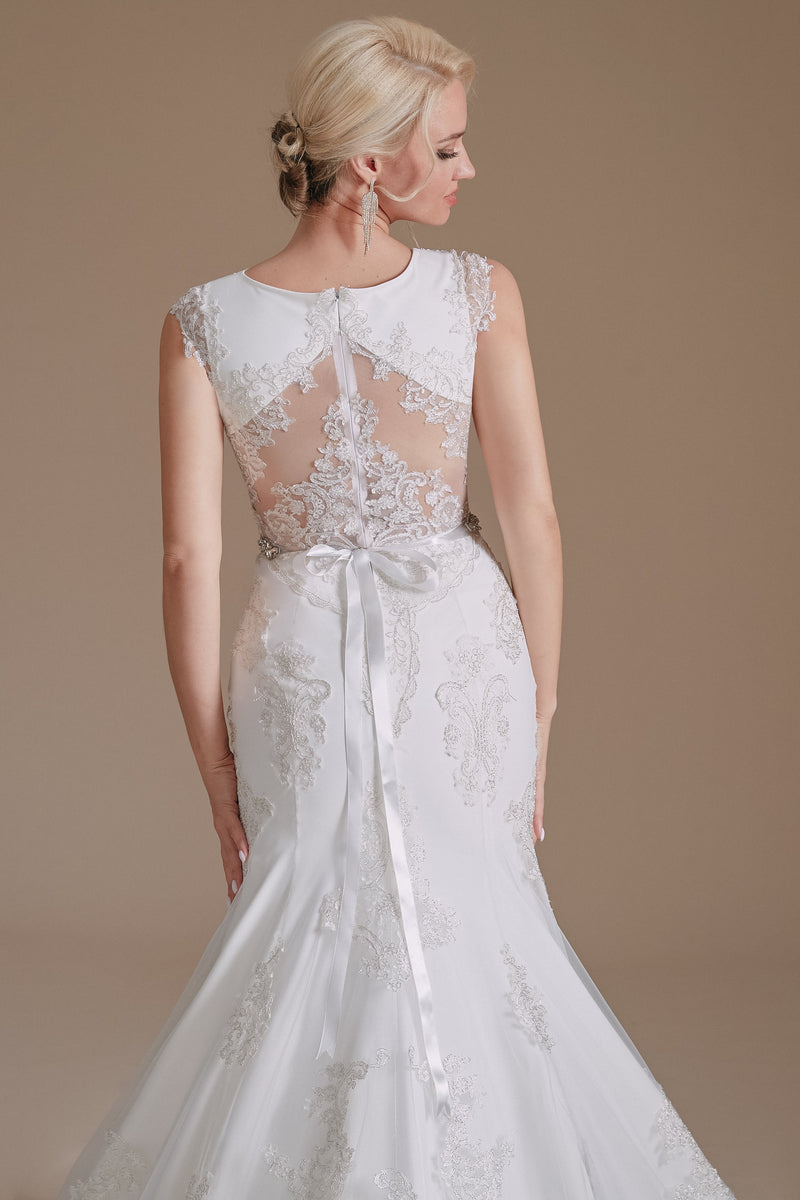 Jewel Lace Cap Sleeves Lace Mermaid Wedding Dress | Showprettydress Design-showprettydress