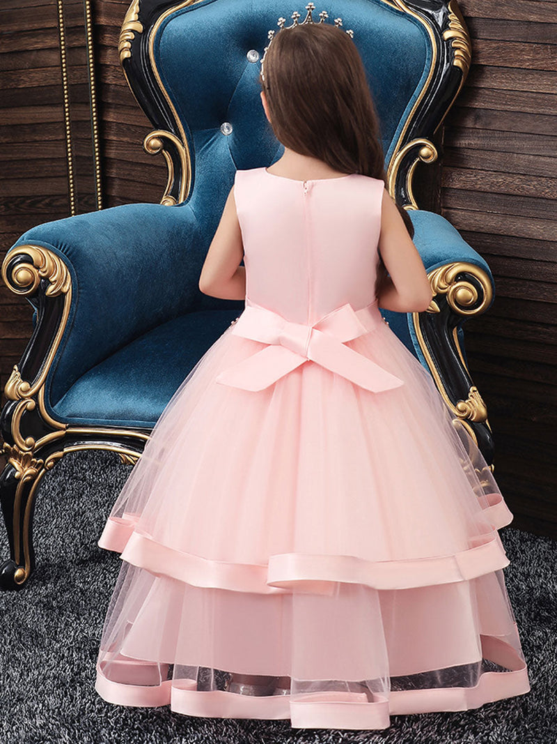 Jewel Neck Cotton Sleeveless Ankle Length Princess Beaded Formal Kids Pageant flower girl dresses-showprettydress