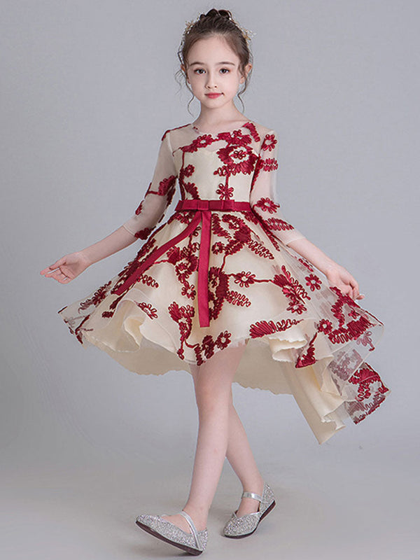 Jewel Neck Half Sleeves Studded Kids Formal Party Dresses