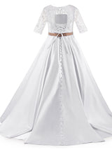 Jewel Neck Half Sleeves Studded Kids Formal Party Dresses-showprettydress