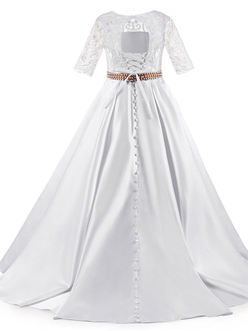 Jewel Neck Half Sleeves Studded Kids Formal Party Dresses-showprettydress