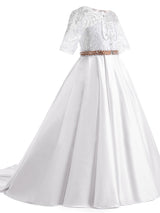 Jewel Neck Half Sleeves Studded Kids Formal Party Dresses-showprettydress