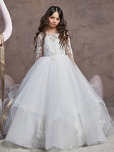 Jewel Neck Lace Long Sleeves Floor-Length Princess Embroidered Kids Party Dresses-showprettydress