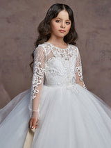Jewel Neck Lace Long Sleeves Floor-Length Princess Embroidered Kids Party Dresses-showprettydress
