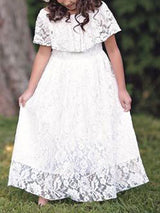 Jewel Neck Lace Short Sleeves Ankle Length A-line Pleated Pageant flower girl dresses-showprettydress