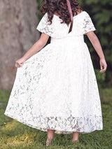 Jewel Neck Lace Short Sleeves Ankle Length A-line Pleated Pageant flower girl dresses-showprettydress