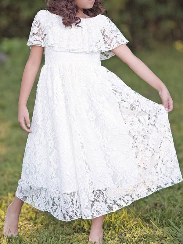 Jewel Neck Lace Short Sleeves Ankle Length A-line Pleated Pageant flower girl dresses-showprettydress