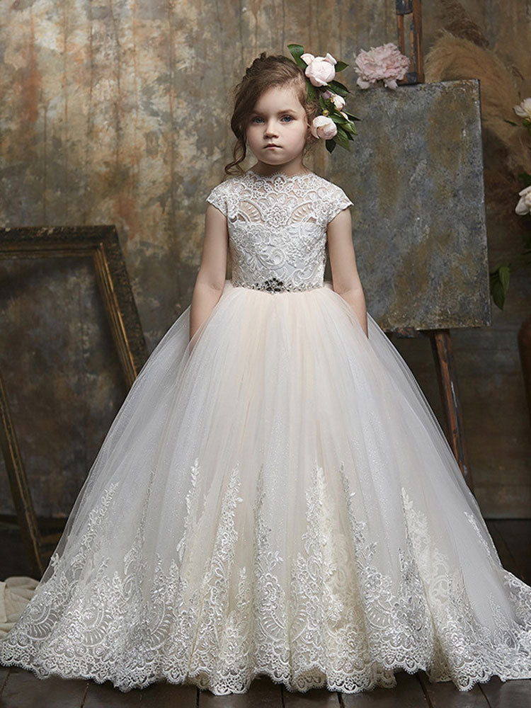 Jewel Neck Lace Short Sleeves Floor-Length Princess Embroidered Formal Kids Pageant flower girl dresses-showprettydress