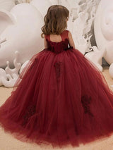 Jewel Neck Lace Sleeveless Ankle Length Ball Gown Applique Kids Pageant flower girl dresses-showprettydress