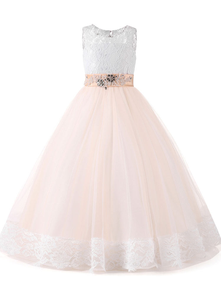 Jewel Neck Lace Sleeveless Ankle Length Ball Gown Studded Kids Pageant flower girl dresses-showprettydress