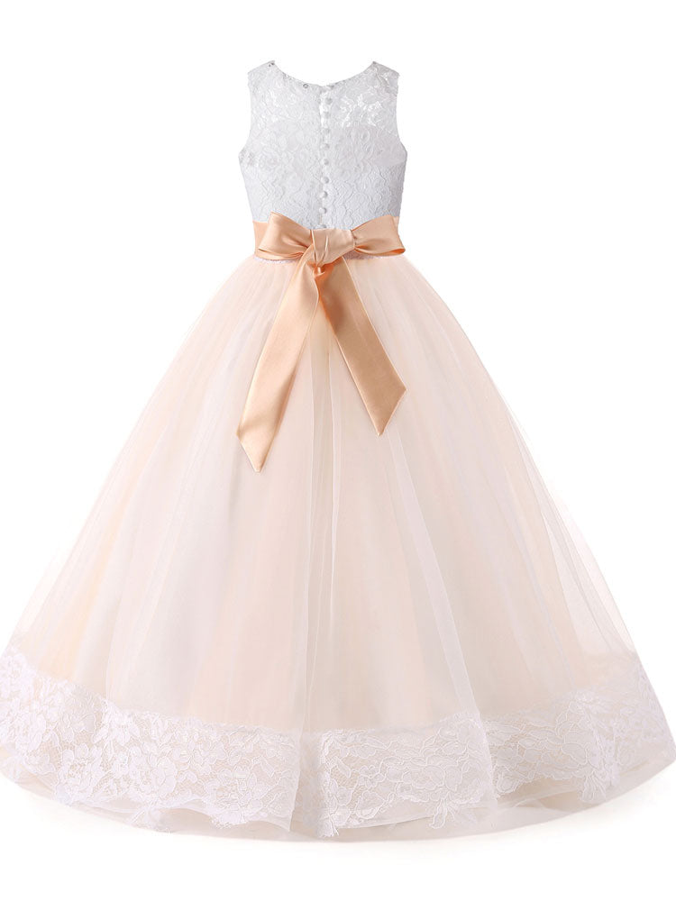 Jewel Neck Lace Sleeveless Ankle Length Ball Gown Studded Kids Pageant flower girl dresses-showprettydress