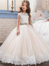 Jewel Neck Lace Sleeveless Ankle Length Ball Gown Studded Kids Pageant flower girl dresses-showprettydress