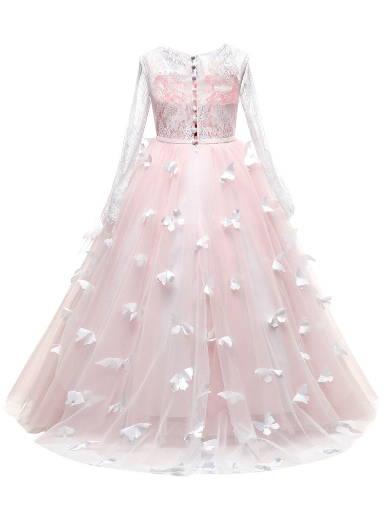 Jewel Neck Long Sleeves Butterfly Formal Kids Princess flower girl dress-showprettydress