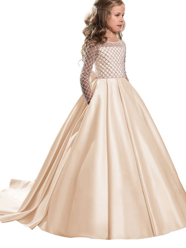 Jewel Neck Long Sleeves Buttons Formal Kids Pageant flower girl dresses-showprettydress
