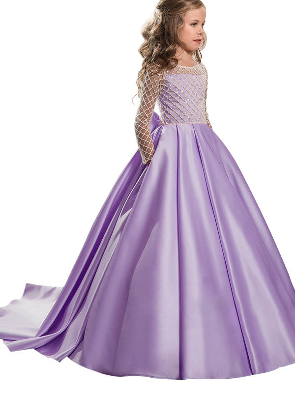 Jewel Neck Long Sleeves Buttons Formal Kids Pageant flower girl dresses-showprettydress