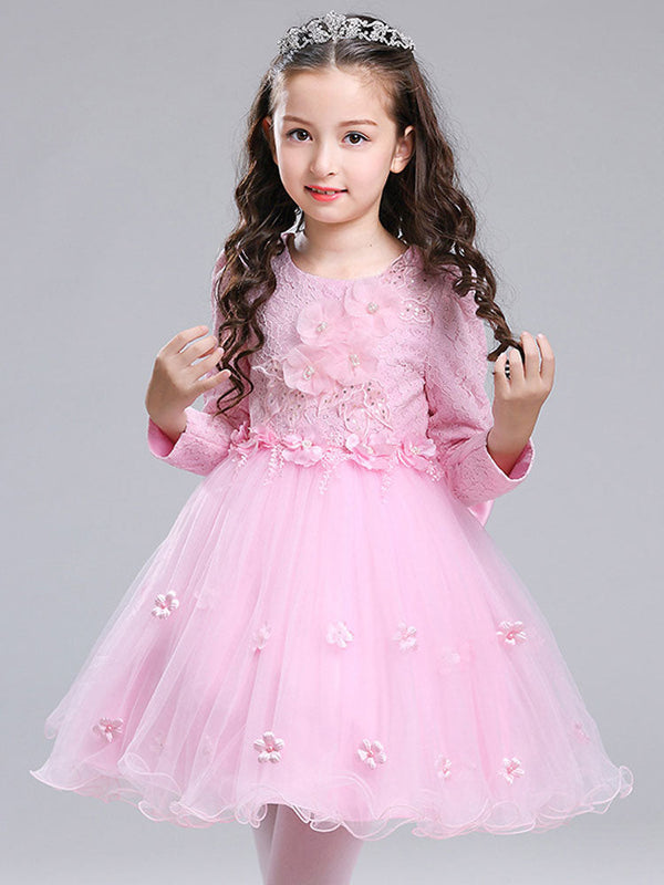 Jewel Neck Long Sleeves Flowers Formal Kids Pageant flower girl dresses-showprettydress