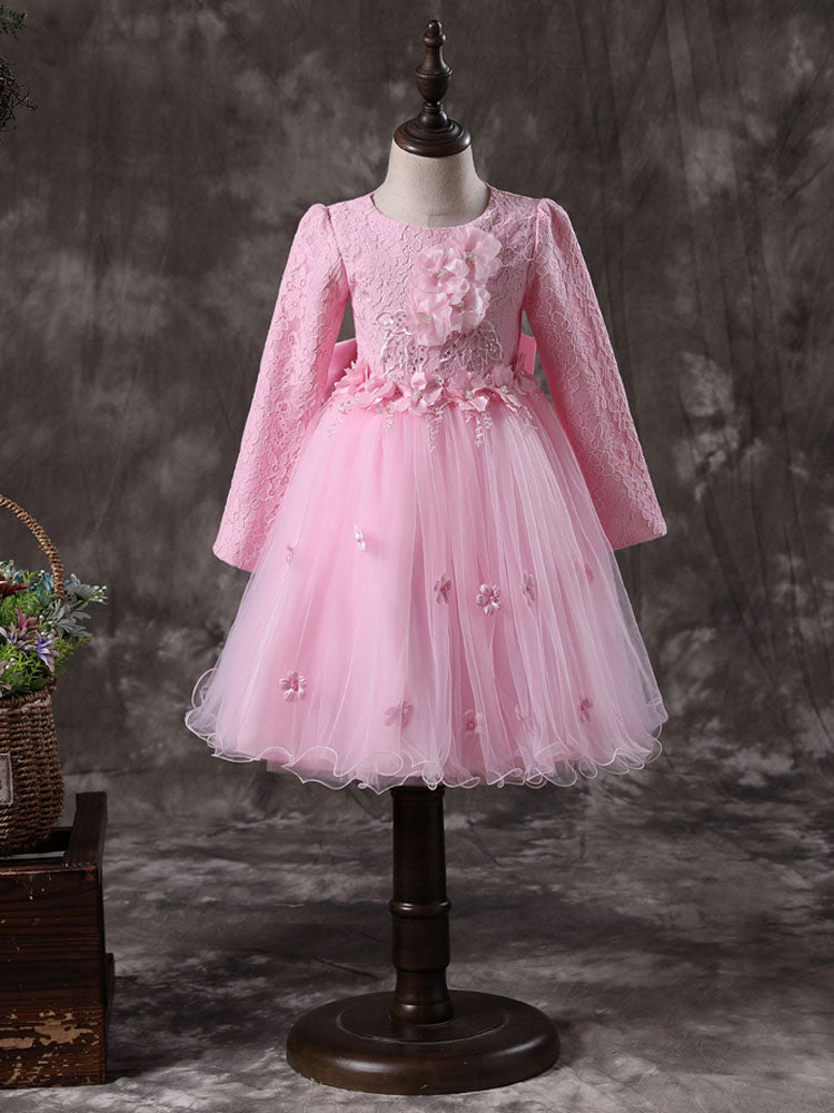Jewel Neck Long Sleeves Flowers Formal Kids Pageant flower girl dresses-showprettydress