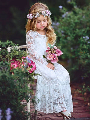 Ivory Jewel Neck Long Sleeves Lace Kids Party Dresses