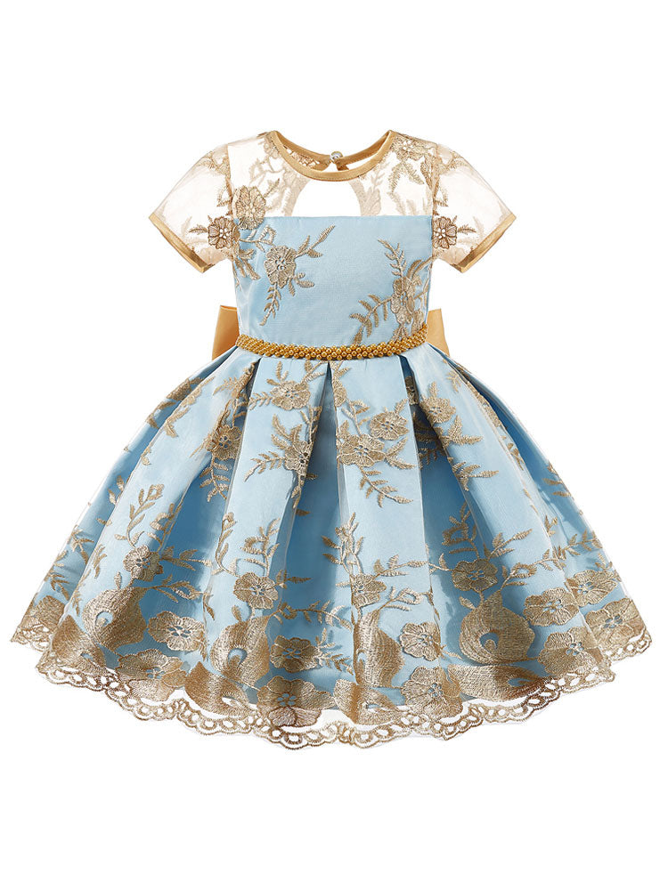 Jewel Neck Short Sleeves Embroidered Kids Social Party Dresses-showprettydress