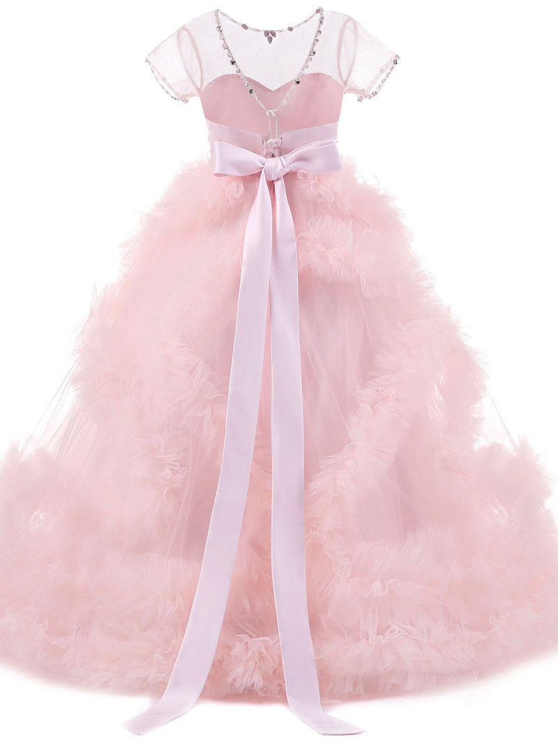 Jewel Neck Short Sleeves Rhinestones Kids Pageant flower girl dresses-showprettydress