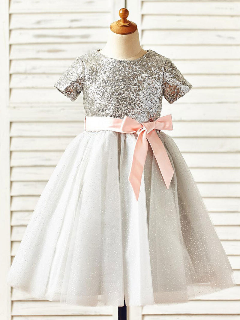White Jewel Neck Short Sleeves Beaded Formal Kids Pageant flower girl dresses