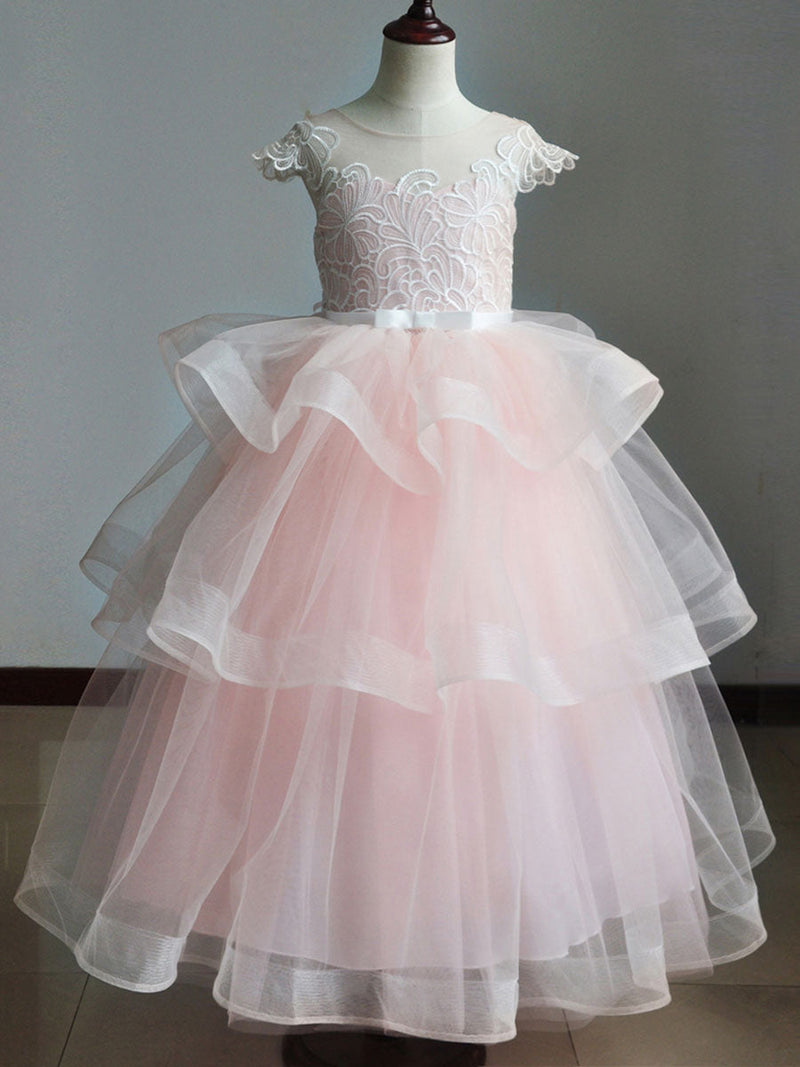 Jewel Neck Short Sleeves Tiered Kids Pageant flower girl dresses-showprettydress