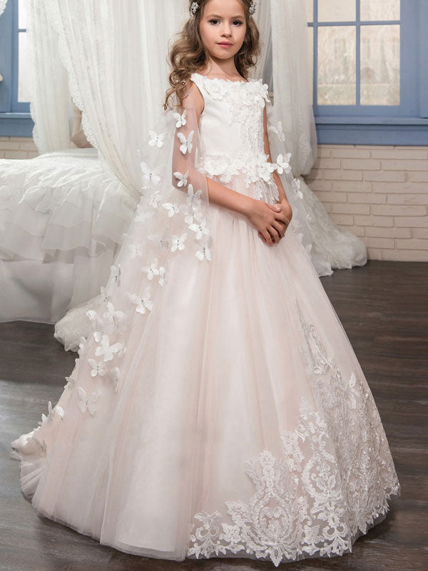 Jewel Neck Sleeveless Applique Detachable Tulle Warp Formal Kids Pageant flower girl dresses-showprettydress