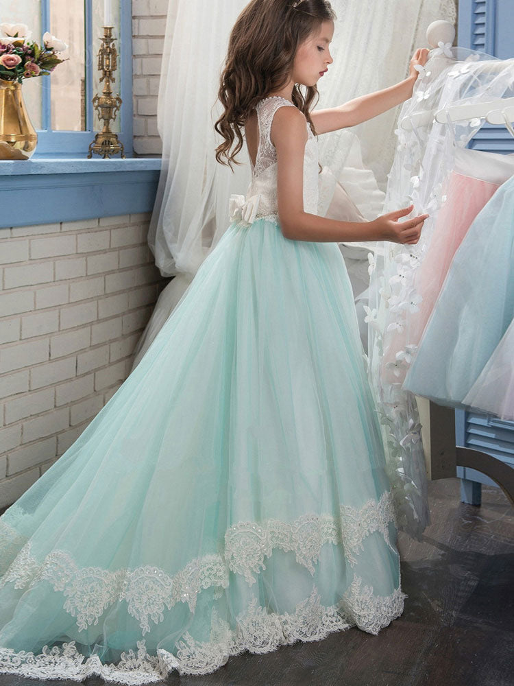 Jewel Neck Sleeveless Butterfly Detachable Wrap Formal Kids Pageant flower girl dresses-showprettydress
