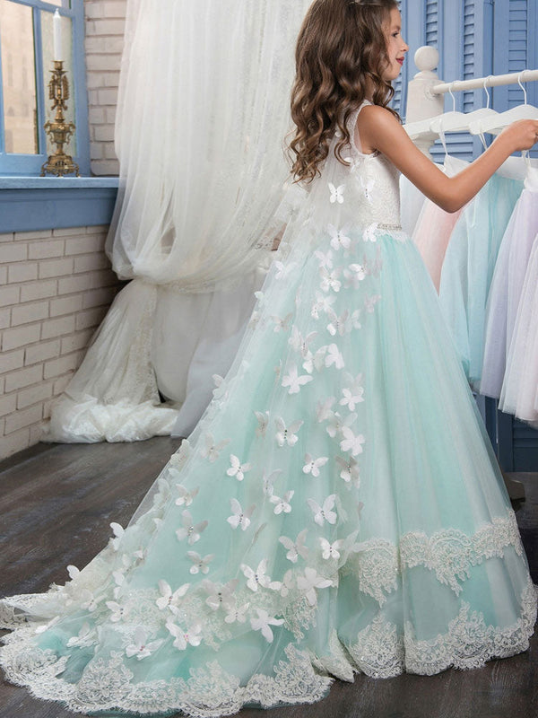 Jewel Neck Sleeveless Butterfly Detachable Wrap Formal Kids Pageant flower girl dresses-showprettydress
