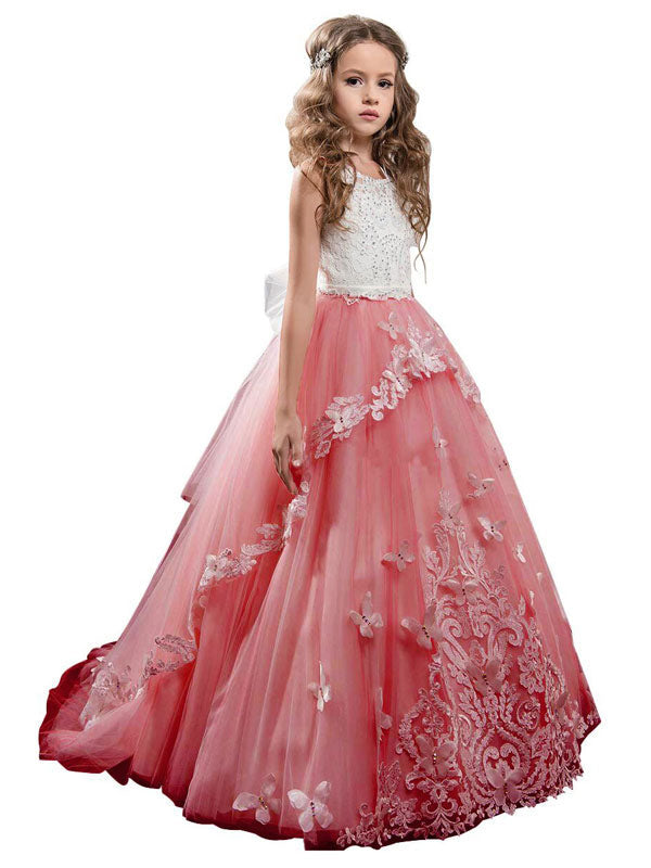 Jewel Neck Sleeveless Butterfly Formal Kids Princess Dresses-showprettydress