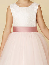 Jewel Neck Sleeveless Buttons Formal Ivory Kids Tulle Pageant Dresses-showprettydress