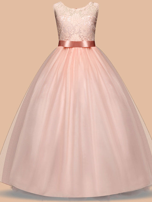 Jewel Neck Sleeveless Floor Length Bows Formal flower girl dress-showprettydress
