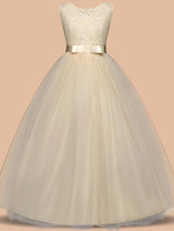 Jewel Neck Sleeveless Floor Length Bows Formal flower girl dress-showprettydress