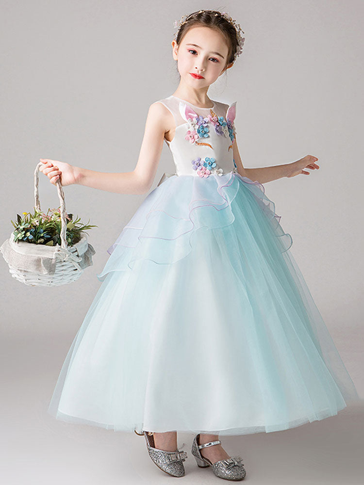 Jewel Neck Sleeveless Flowers Kids Party Dresses-showprettydress