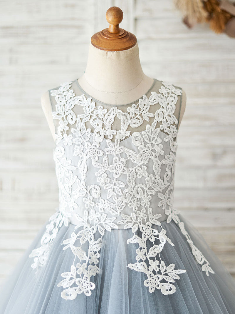Jewel Neck Sleeveless Lace Bodice Formal Kids Pageant flower girl dresses-showprettydress