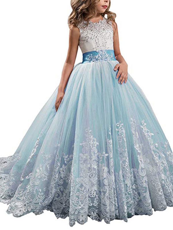 Jewel Neck Sleeveless Studded Formal flower girl dress-showprettydress