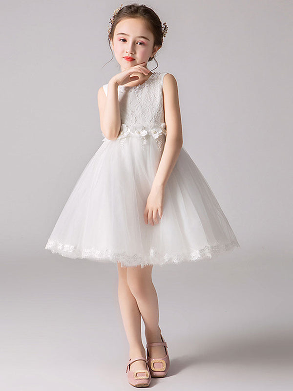 Jewel Neck Tulle Knee-length Princess Flowers Formal Kids Pageant flower girl dresses-showprettydress
