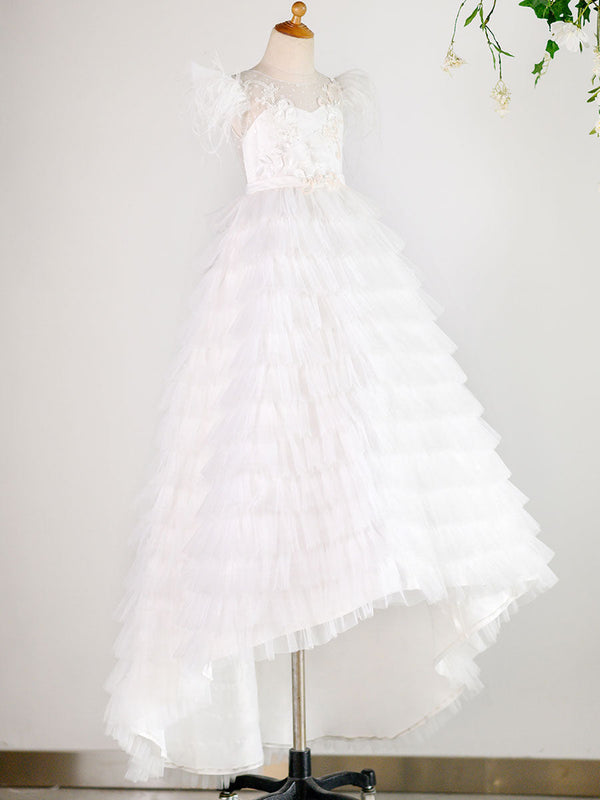 Jewel Neck Tulle Short Sleeves Floor Length Princess Lace Formal Kids Pageant flower girl dresses-showprettydress
