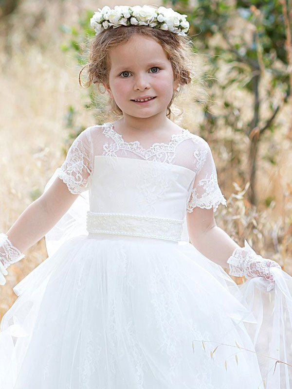 Jewel Neck Tulle Short Sleeves Princess Bows Formal Kids Pageant flower girl dresses-showprettydress