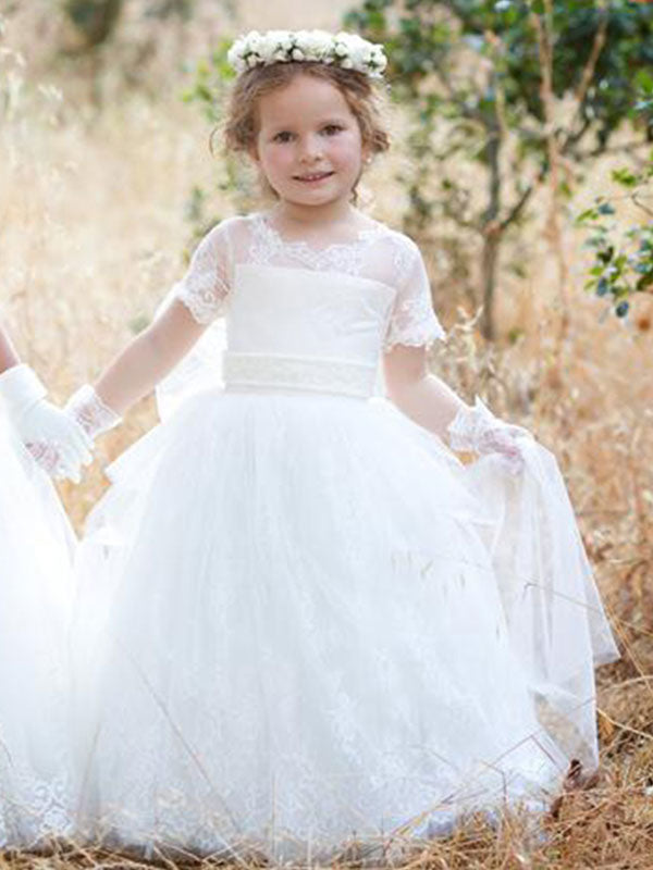 Jewel Neck Tulle Short Sleeves Princess Bows Formal Kids Pageant flower girl dresses-showprettydress