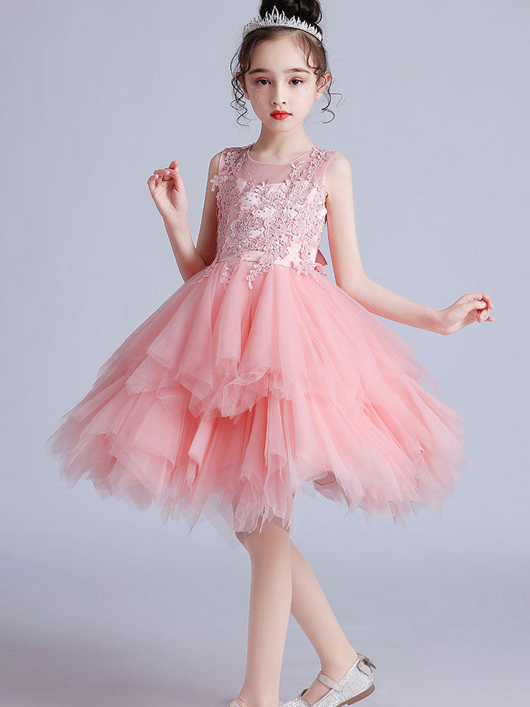 Jewel Neck Tulle Short Sleeves Short Princess Embroidered Kids Social Party Dresses-showprettydress